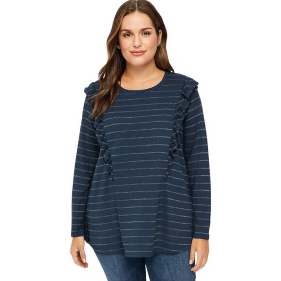 Terra & Sky Slate Grey Metallic Striped Long Sleeve Ruffle Top NEW WITH TAGS - Picture 1 of 7